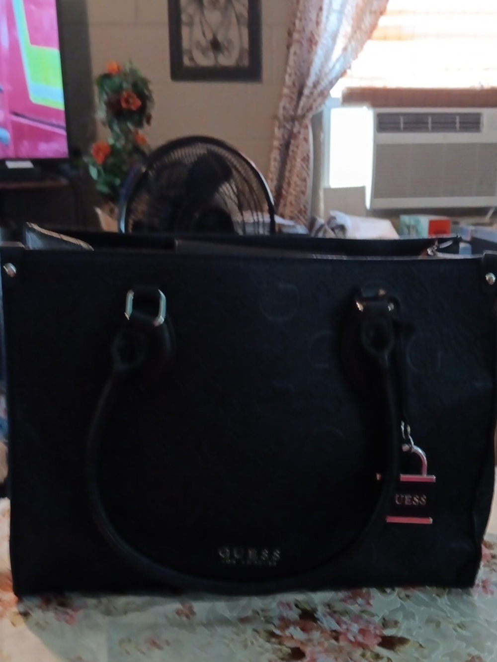 Guess Black Embossed Logo Satchel with Silver Accents